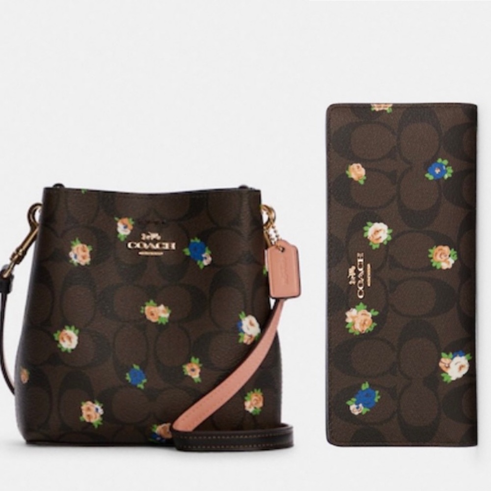 NWT COACH Mini Town Bucket Bag Signature Canvas Vintage Rose & Slim Wallet Set